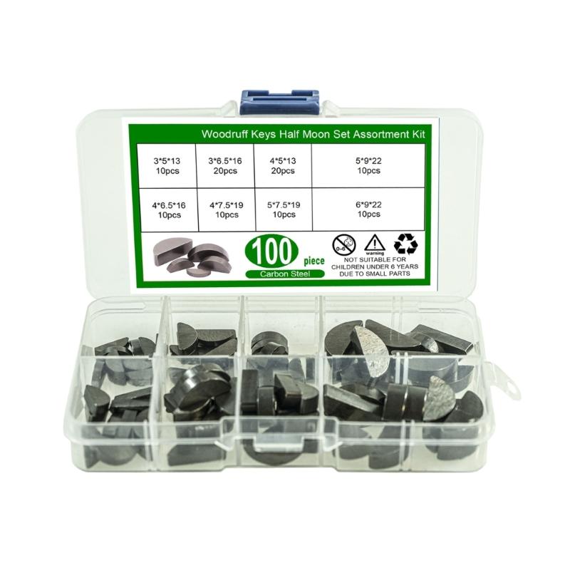 100Pcs Woodruff Key Assortment Kit Mechanical Industry Woodruff Key Half Moon Set Carbon Steel Shaft Drive Fasteners