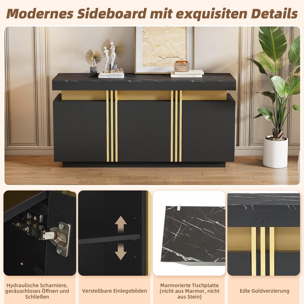 Sjenk, kjøkkenskap, 3 dører, moderne buffetbord arbeidsplate, justerbar hylle, stue, spisestue, gang, marmoroptikk, svart