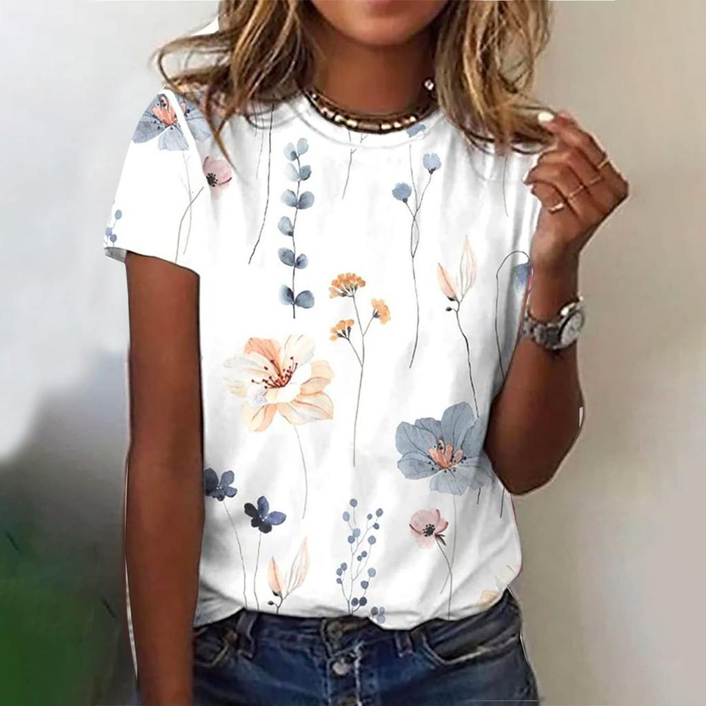 Women's Fashion Casual Short Sleeve Flower Print Round Neck Pullover Top Blouse