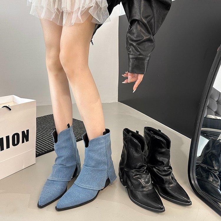 Sheepskin version! Retro American boots pointed black thin one-pedal short trousers stacked boots female summer