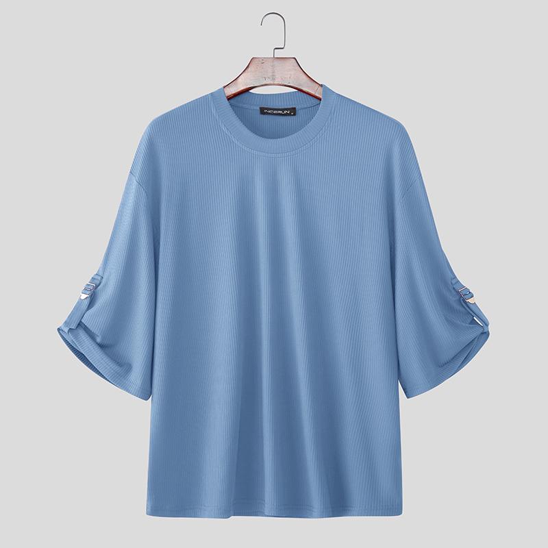 INCERUN Oversized Men Round Neck 3/4 Sleeve Rib Casual Loose T-Shirts Tops