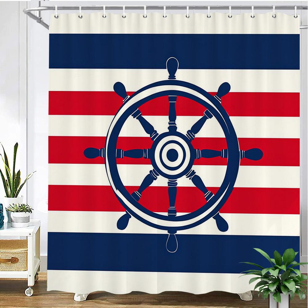 Retro Nautical Anchor Style Printed Fabric Shower Curtain, Ocean Navigation Style Bathroom Curtain Decoration, With Hooks