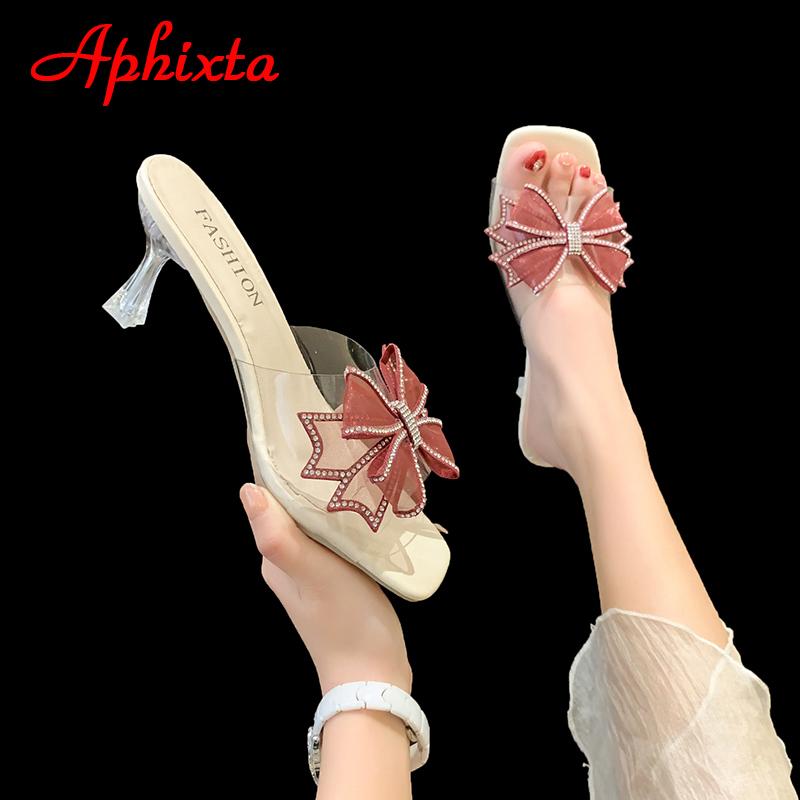 Fashion Aphixta 2025 Summer 7cm Transparent Thin Heel Flip Flops Women Luxury Crystals Bow-tie Design Open Toe Slides Sandals Cool Shoes