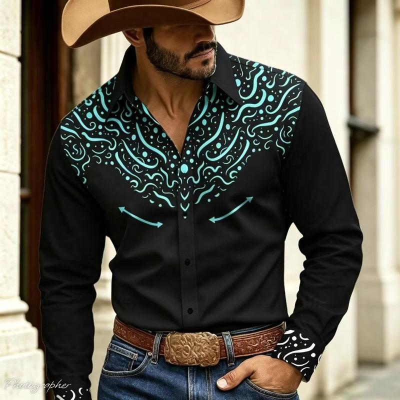 Retro floral 3D printed men's shirt, Western denim button up long sleeved shirt, men's lapel casual fashion shirt, plus size