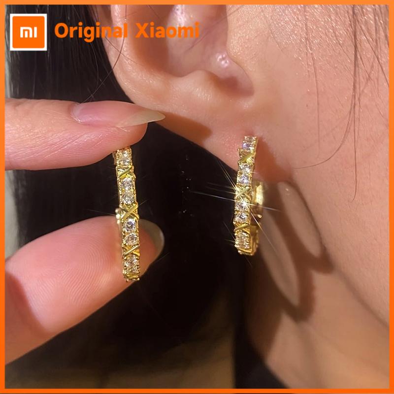 Xiaomi Huitan Chic Gold Color Hoop Earrings for Women with Cross Design Shiny CZ Trendy Earrings Daily Wear Fashion Versatile Jewelry