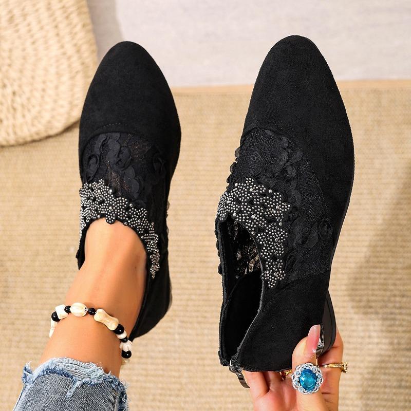 New Single Shoes for Autumn Women's Fashion Round Toe Suede Spliced Mesh Crystal Flower Soft Sole Non-Slip Low-Top Shoes