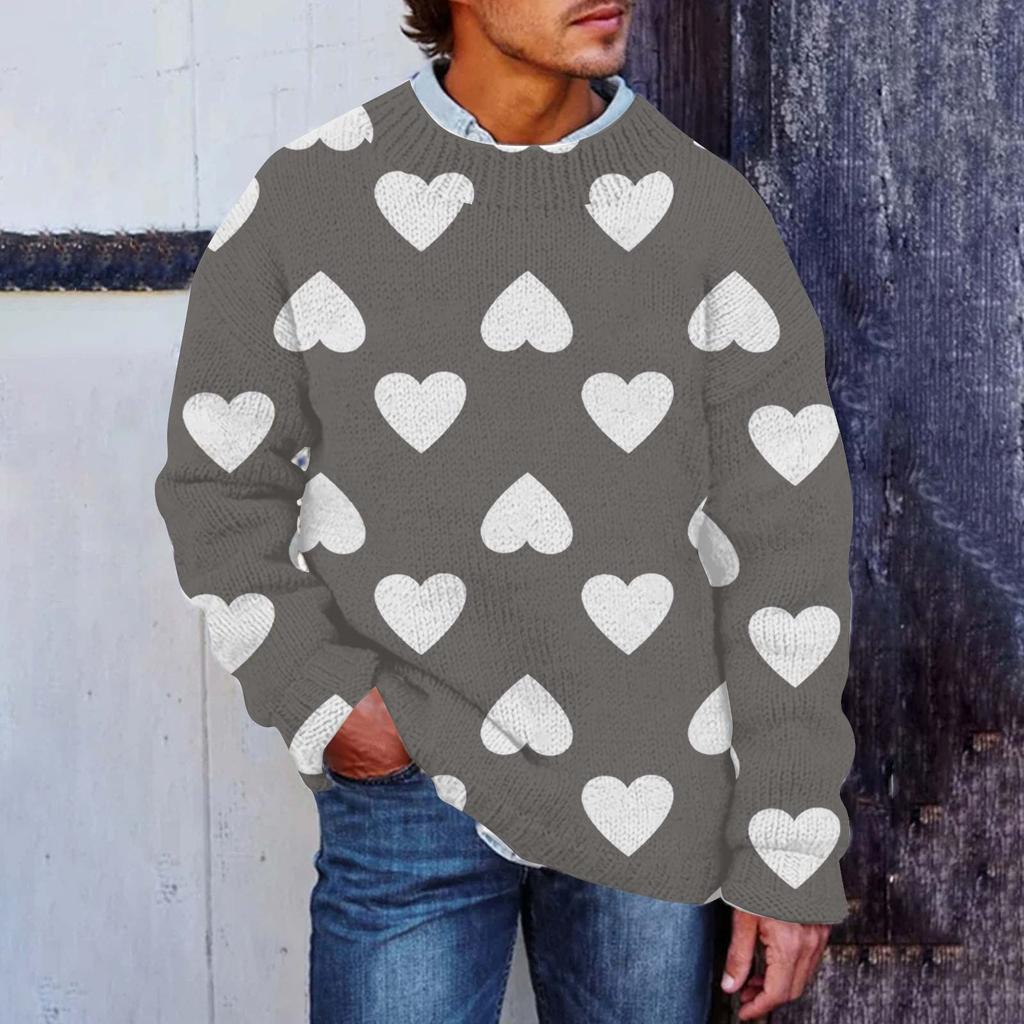 Men's Valentine's Day Print Faux Sweater, Crewneck Sweatshirt, Loose Long-sleeved Top