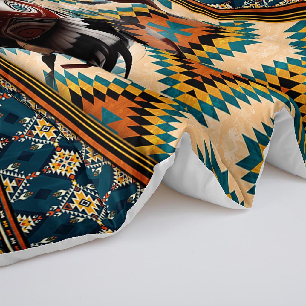 3PC Western Horse Aztec Native American Duvet Set with 2 Pillowcases for Bedroom Or Guest Room Comforter Set