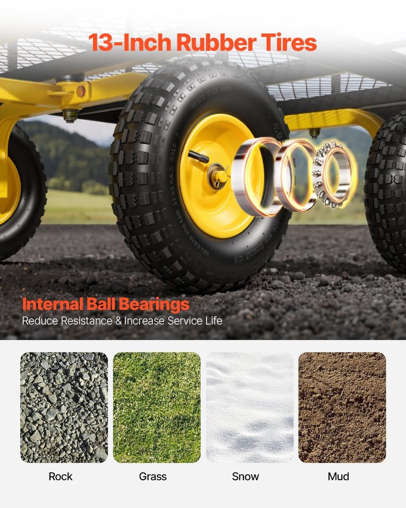 Steel Garden Cart, 635 Kg Heavy Duty Pullable Garden Wagon Yard Cart, 2 In 1 Outdoor Metal Utility Wagon Yard Trailer with 330 Mm All Terrain Tires,