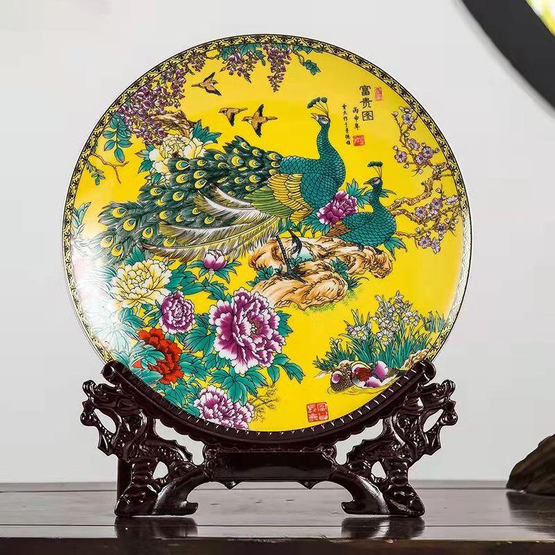 Chinese Jingdezhen Ceramic Plate+Base Set Decoration Items Home Living Room Furnishing Ornaments Office Desk Accessories Crafts