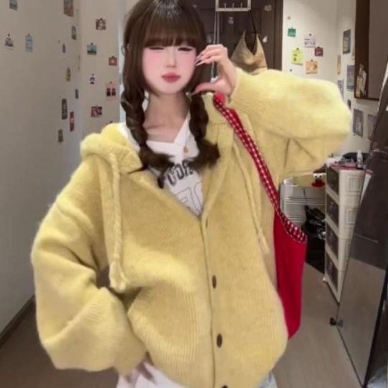Women's top hooded autumn soft waxy yellow knitted cardigan women wear loose lazy sweater jacket