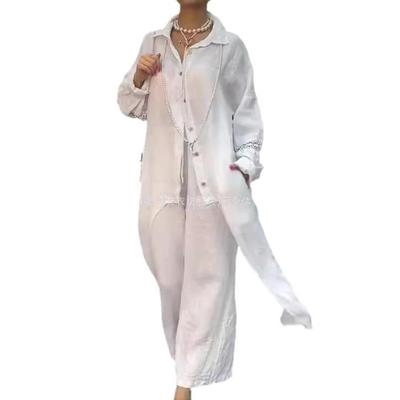 2024 Urban Elegant Women's Cotton Linen Lace-Up Irregular Hem Long Sleeve Top & Pants