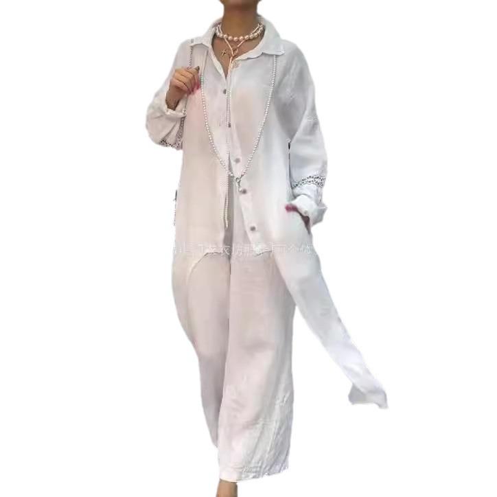 2024 Urban Elegant Women's Cotton Linen Lace-Up Irregular Hem Long Sleeve Top & Pants