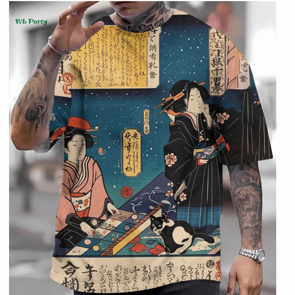 Japanese Style Men's T-Shirt 3D Ukiyo-E Pattern Short Sleeve T-Shirt Oversized Casual Tops Summer Men's Outdoor Casual Clothing