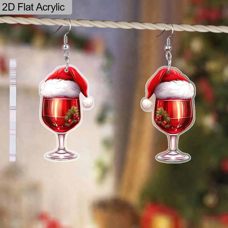 2D Flat Acrylic Christmas Cartoon Christmas Hat Wine Pattern Earrings Jewelry Gift for Women Female