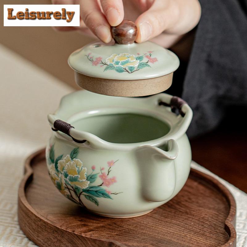 200ml Handmade Pea Green Ru Kiln Teapot Japanese Hibiscus Mutabilis Flower Hand Grab Pot Tea Brewing Kettle Puer Cha Decoration