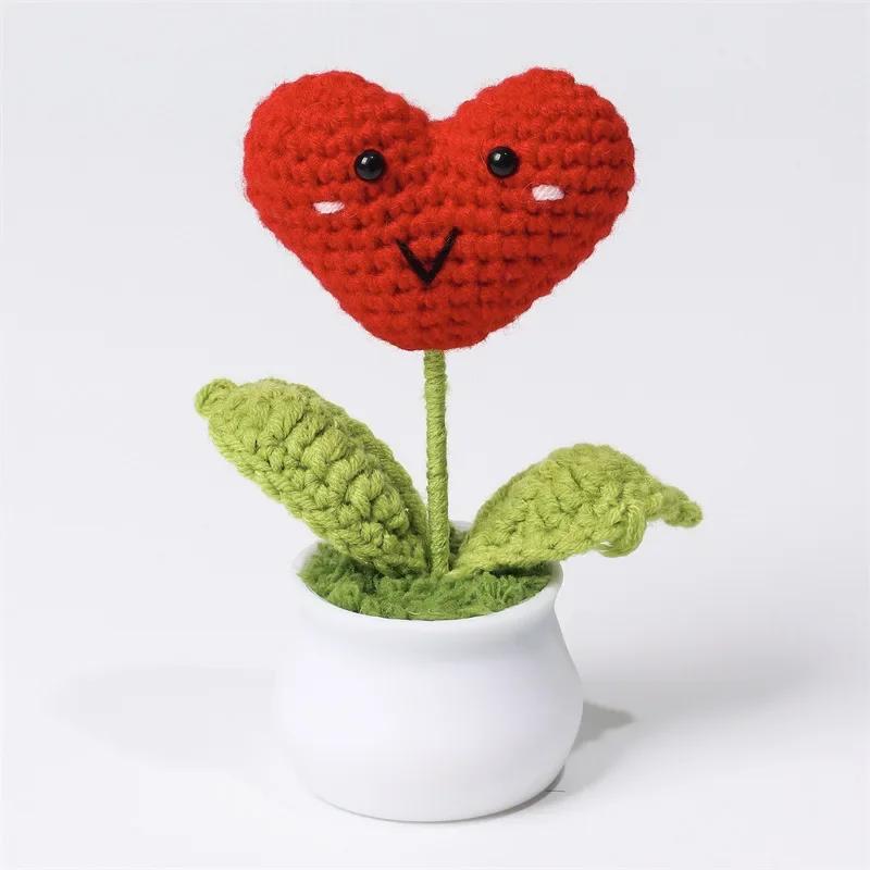 Heart Shape Knitted Flowers Potted Colourful Crochet Plant Wedding Gift Creative Artificial Flower Car Desktable Decor