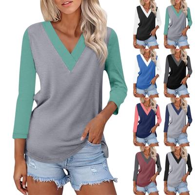 Women's Casual Fashion Sexy Comfortable V-neck Stitching Color Three-quarter Sleeve Top