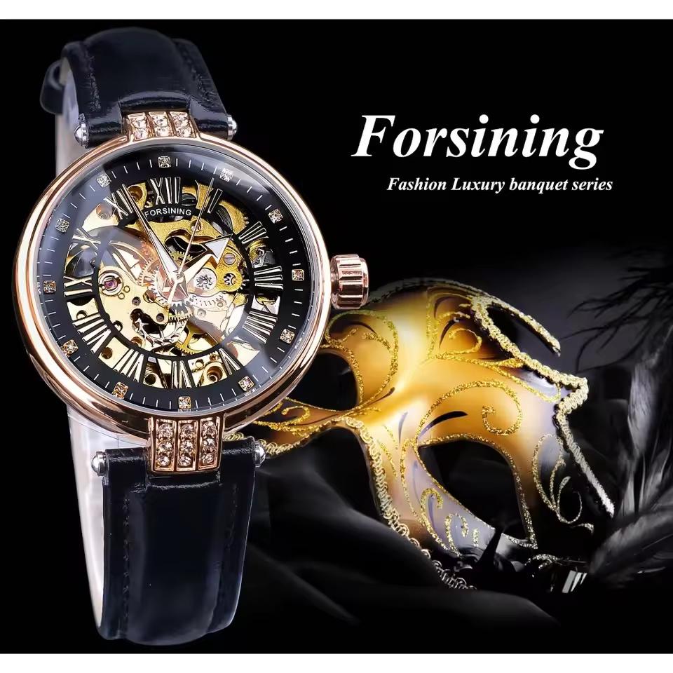 Für Forsining Damen Luxus Gold Skelett Armbanduhr Leuchtende Funktion 18mm Bandbreite Ovales Gehäuse Zeiger für Leder Kleid Mädchen