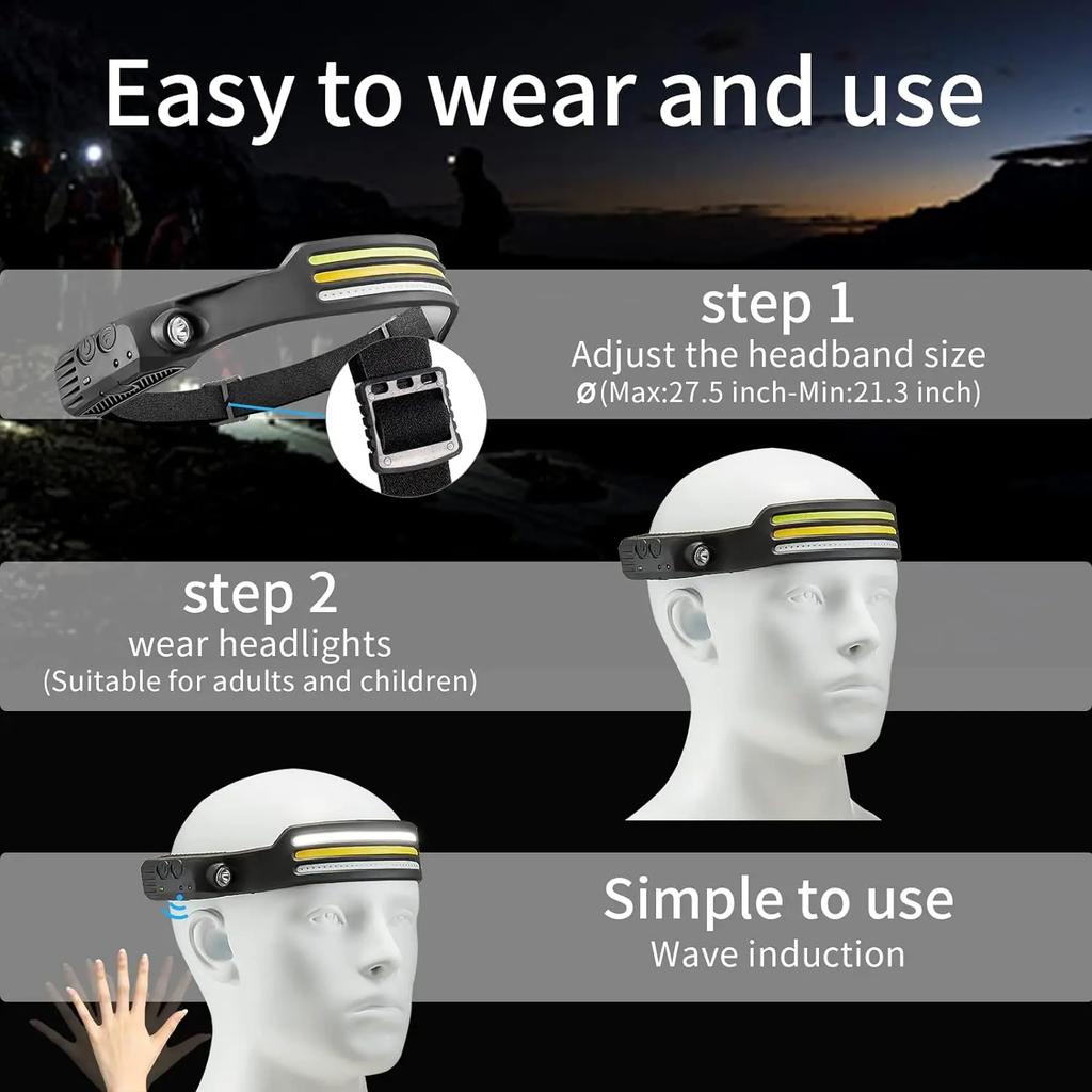 USB Rechargeable Head Torch Induction Headlamp COB LED Sensor Head Lamp Built-in Battery Flashlight 10 Lighting Modes Headlight
