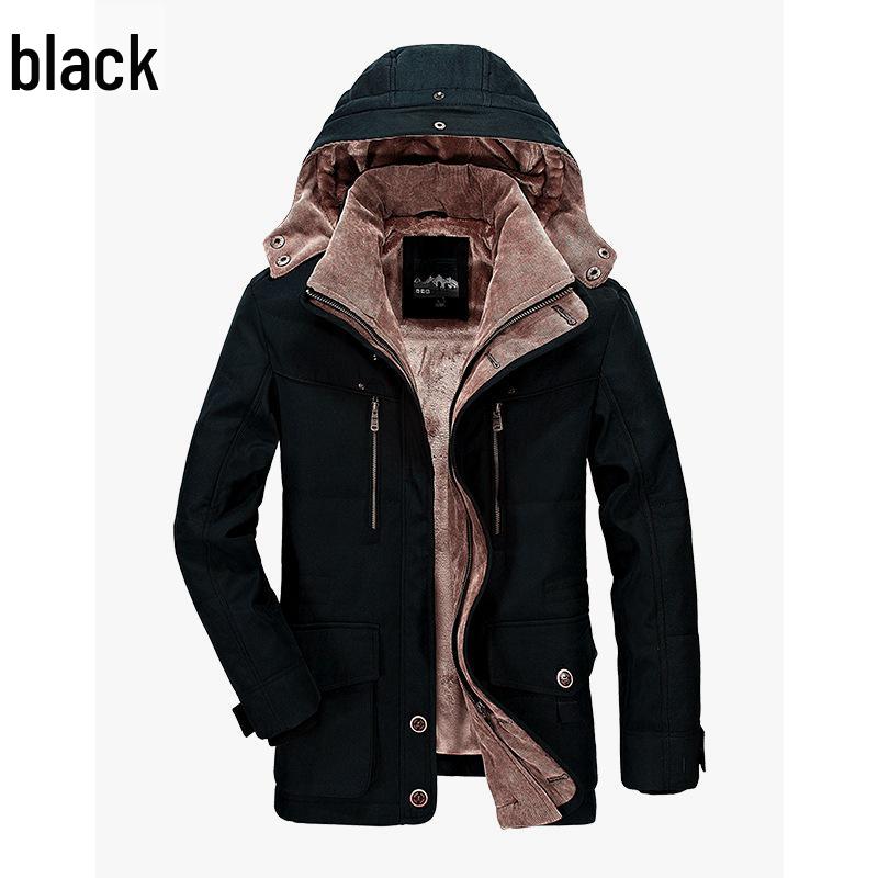 Men's Mid-Length Winter Cotton Coat with Velvet, Multi-Pocket, Thickened, Plus Size - Ideal for Middle-Aged and Elderly