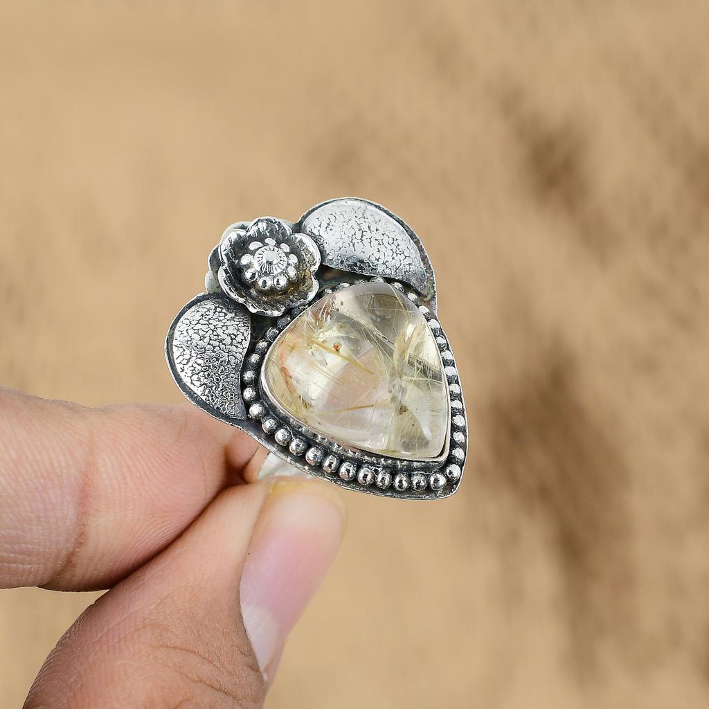 Golden Rutile Stone Unique Anniversary Flower Promise Ring 925 Sterling Silver