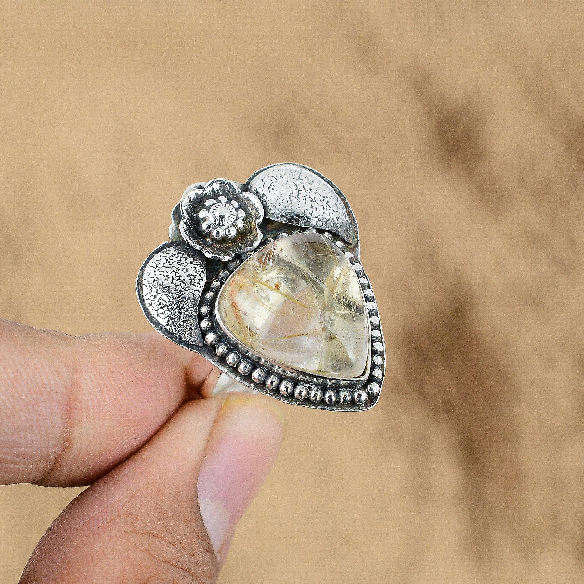 

Golden Rutile Stone Unique Anniversary Flower Promise Ring 925 Sterling Silver Yes
