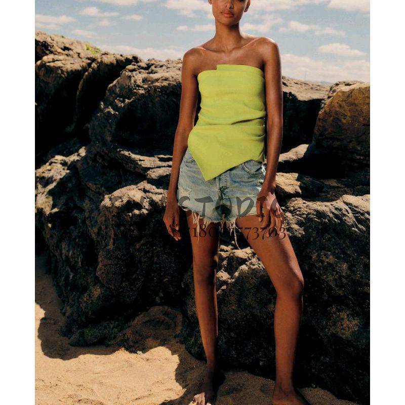 Spring New Arrival Fashion Silm Asymmetric Collar off-Shoulder Design Ruched Decoration Tube Top Tops 0085800