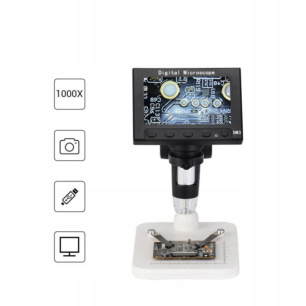 Rosfix Mikroskop Cyfrowy Z Wyświetlaczem 4,3"" DM4-Z01B019 – Powiększenie 50X–1000X | 8 Diod LED | Połączenie Z PC