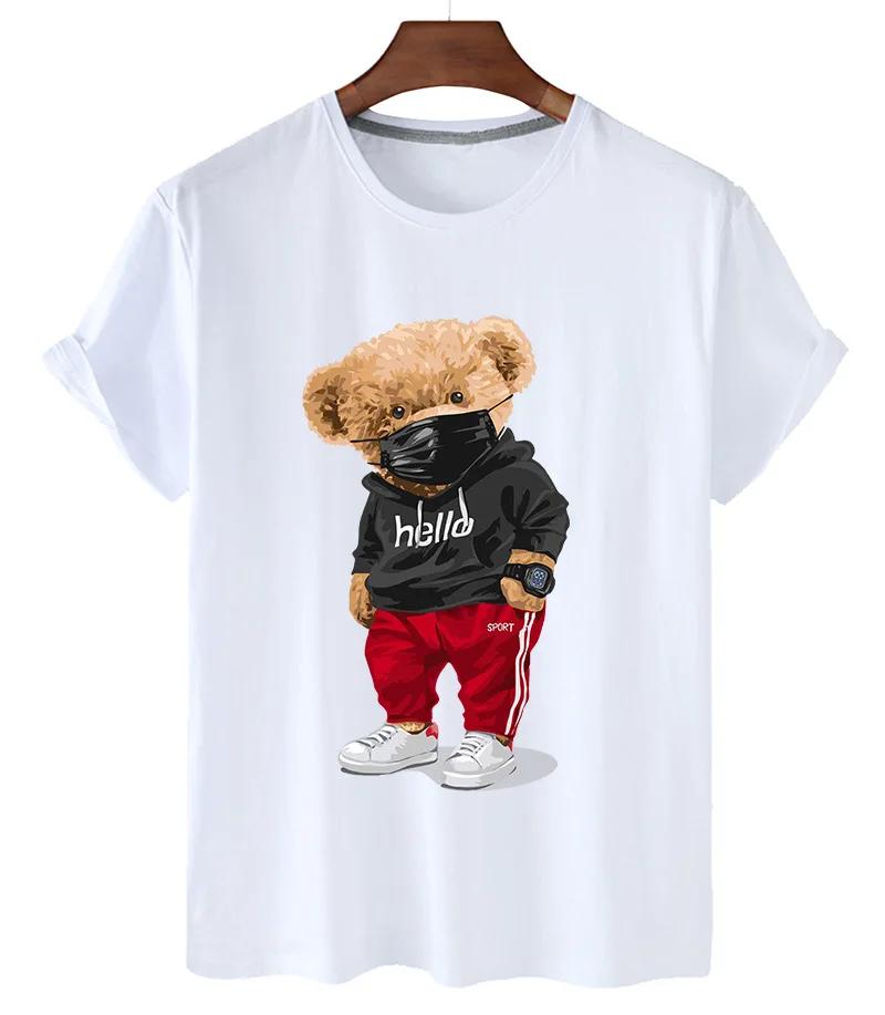 plus Size Trendy Teddy Bear Graphic Tee Casual Short-Sleeved T-Shirt Polyester Fabric Summer Top for Men