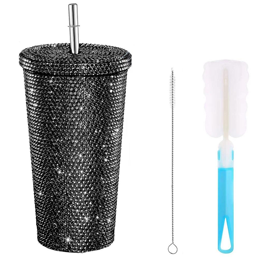 

500ml/750ml Rhinestone Thermos Bottles Insulated Shining Glitter Coffee Cup with Lid Straw Creative Stainless Steel Water Bottle 500ml чорний