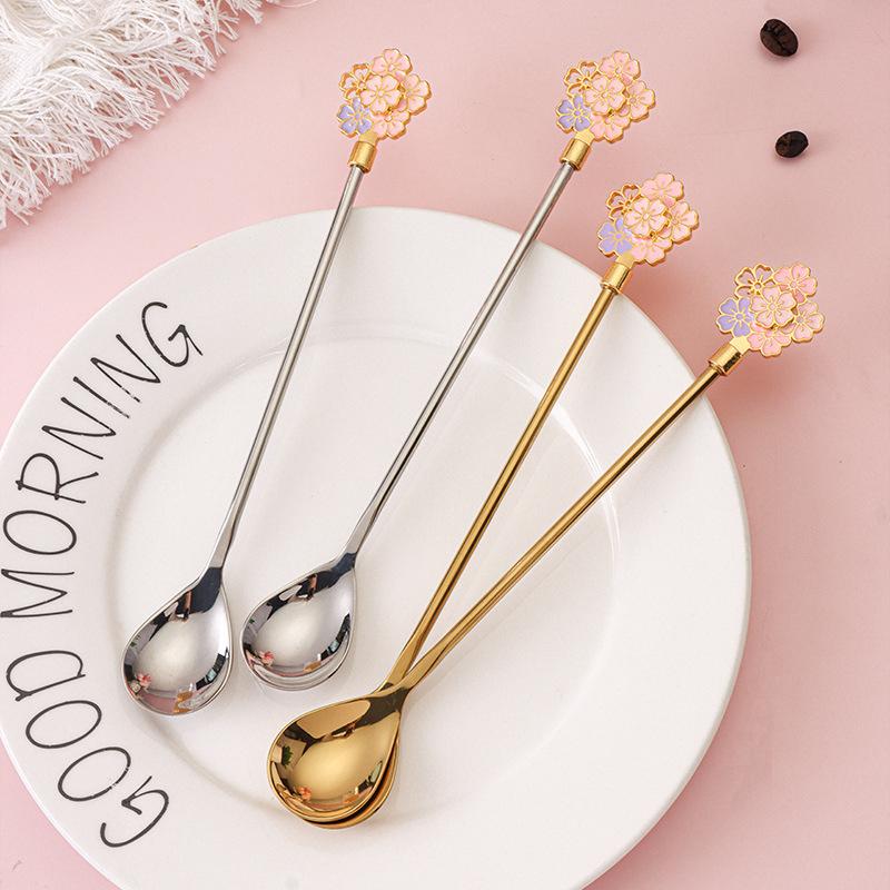 Stainless Steel Japanese Cherry Blossom Spoon Exquisite Dessert Long Handled Ice Spoon Household Bird'S Nest Mixing Spoon