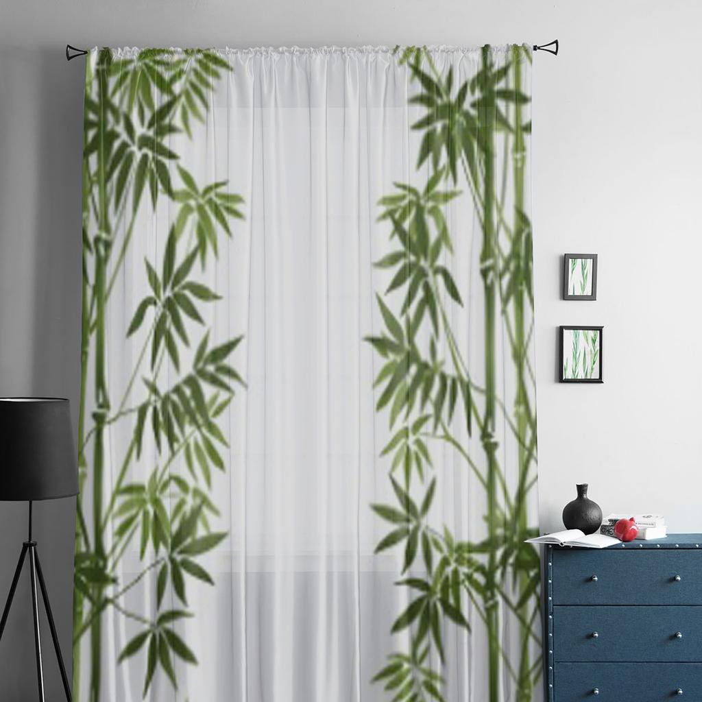 Green Bamboo Forest Tulle Curtains For Living Room Decoration Modern Veil Chiffon Curtains Bedroom Sheer Voile