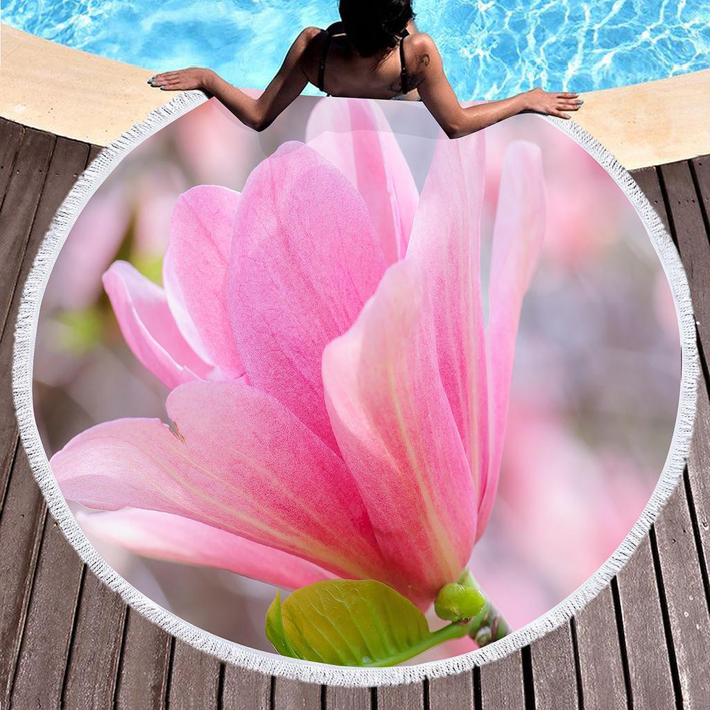 Elegant Magnolia Flower Round Beach Towel,Polyester Sand Resistant Shawl Beach Blanket,Absorbent Quick Dry Pool Towel Picnic Mat