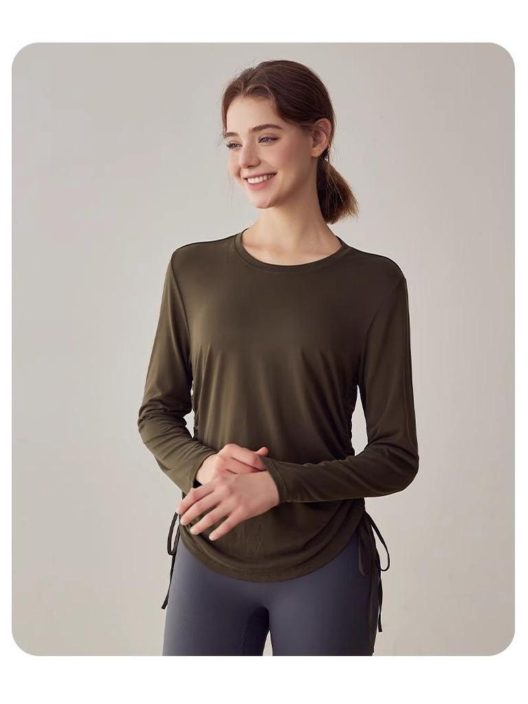 Women’s Slimming Long-Sleeve Yoga Suit - Loose Drawstring Casual Sports Top for Autumn and Winter Fitness, Pilates, and Training