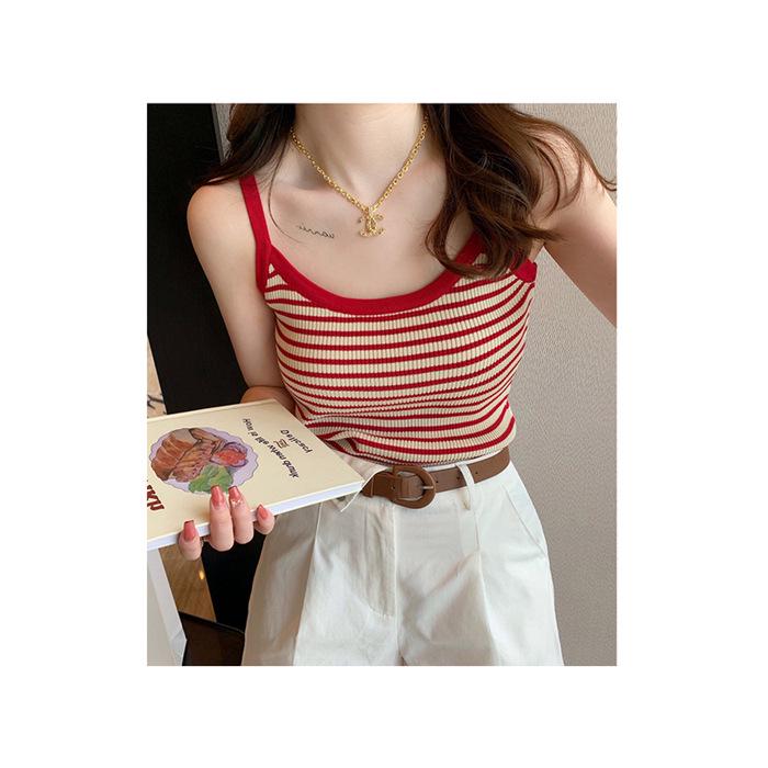 

Женские полосатые трикотажные подтяжки Ice Silk: Тонкий французский ретро-топ без рукавов летом One Size красный