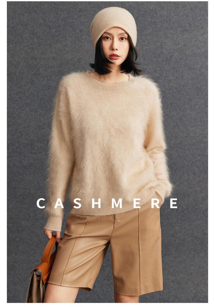 Cashmere Women's Round Neck Brushed Knit Sweater - 2025 Autumn/Winter Collection.