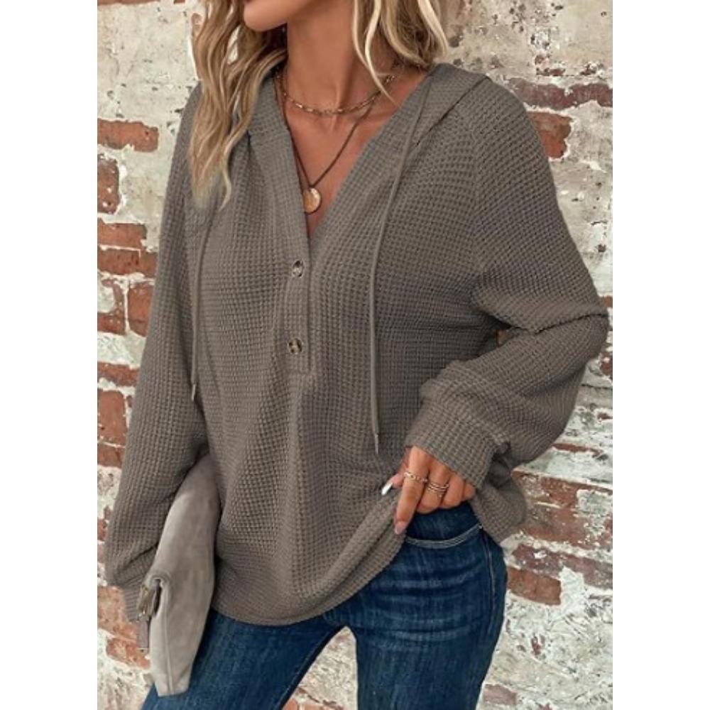 Autumn Women's Solid Color Long Sleeved V-neck Top Thin Hooded Button Sweatshirt Coat Women's Fashionable Versatile Hooded Sweatshirt