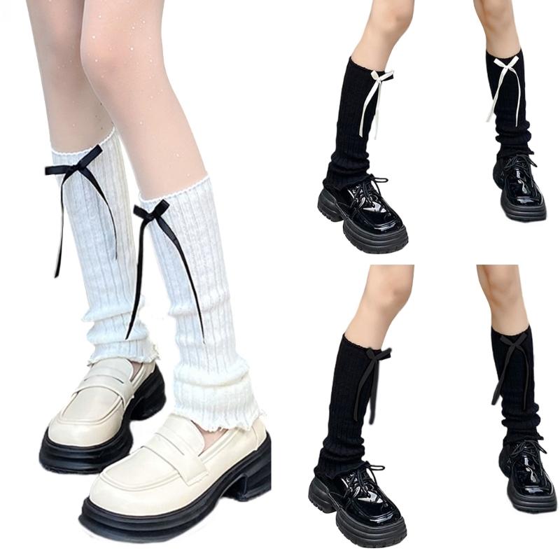 Women Sweet Bowknot Arm Leg Sleeves Ruffled Trim Sun Protective Ribbed Knit Arm Leg Covers Fingerless Gloves Accessories