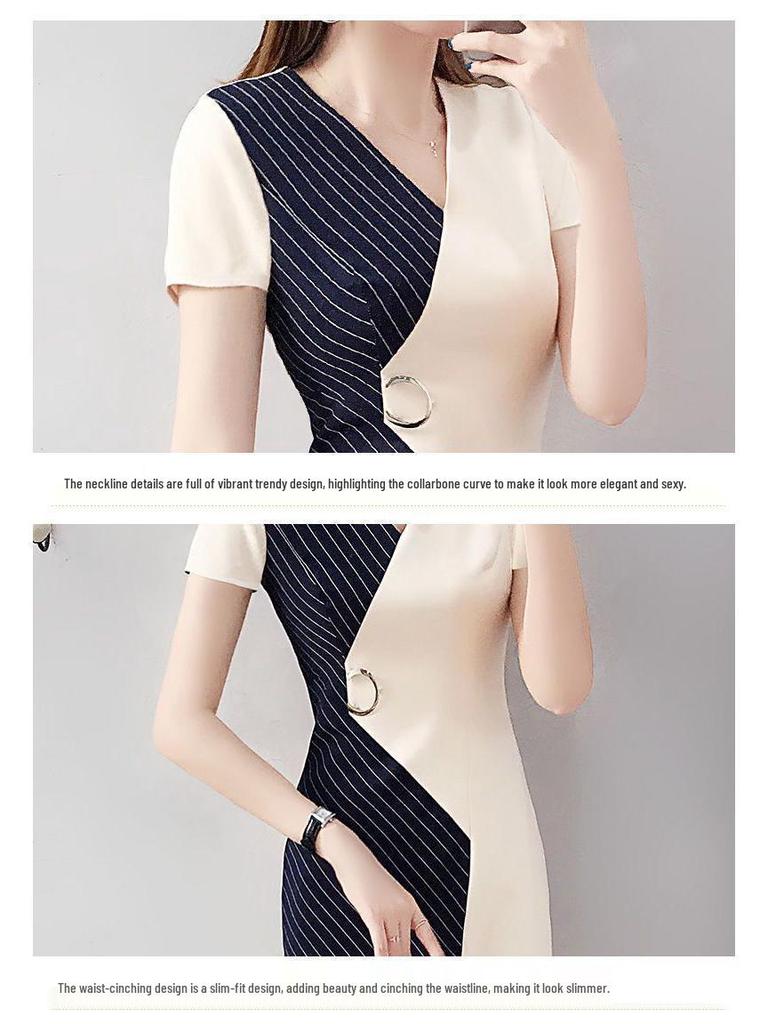 2025 Summer Irregular Short-Sleeve Dress: Stylish Age-Reducing Plus Size Mid-Length Cinched Waist Skirt for Women