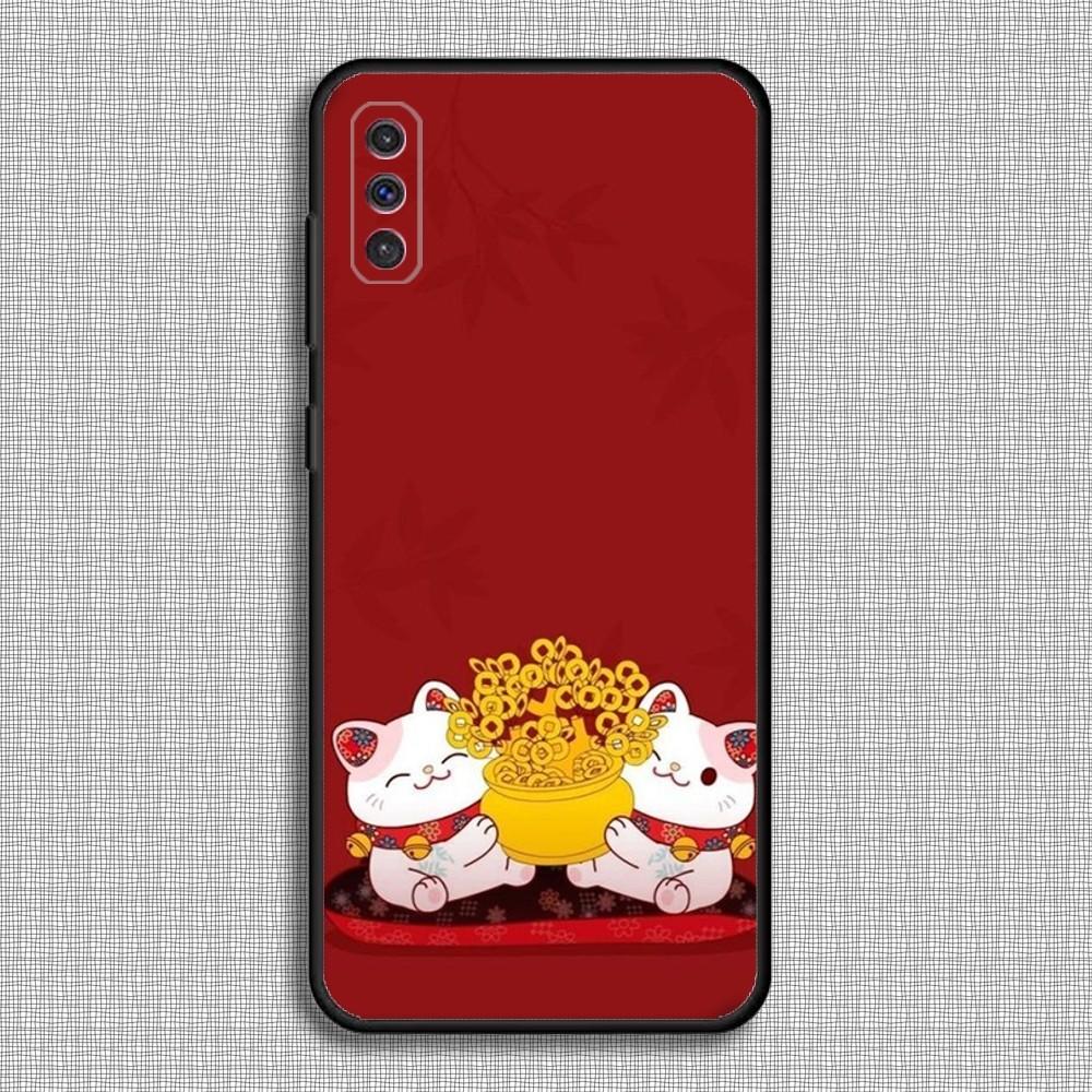 Maneki Neko Lucky Money Cat Phone Case For Samsung S23,23,22,30,21,10,9,Note20 Ultra,Lite,Ultra,5G,Plus,FE,Black Soft Case