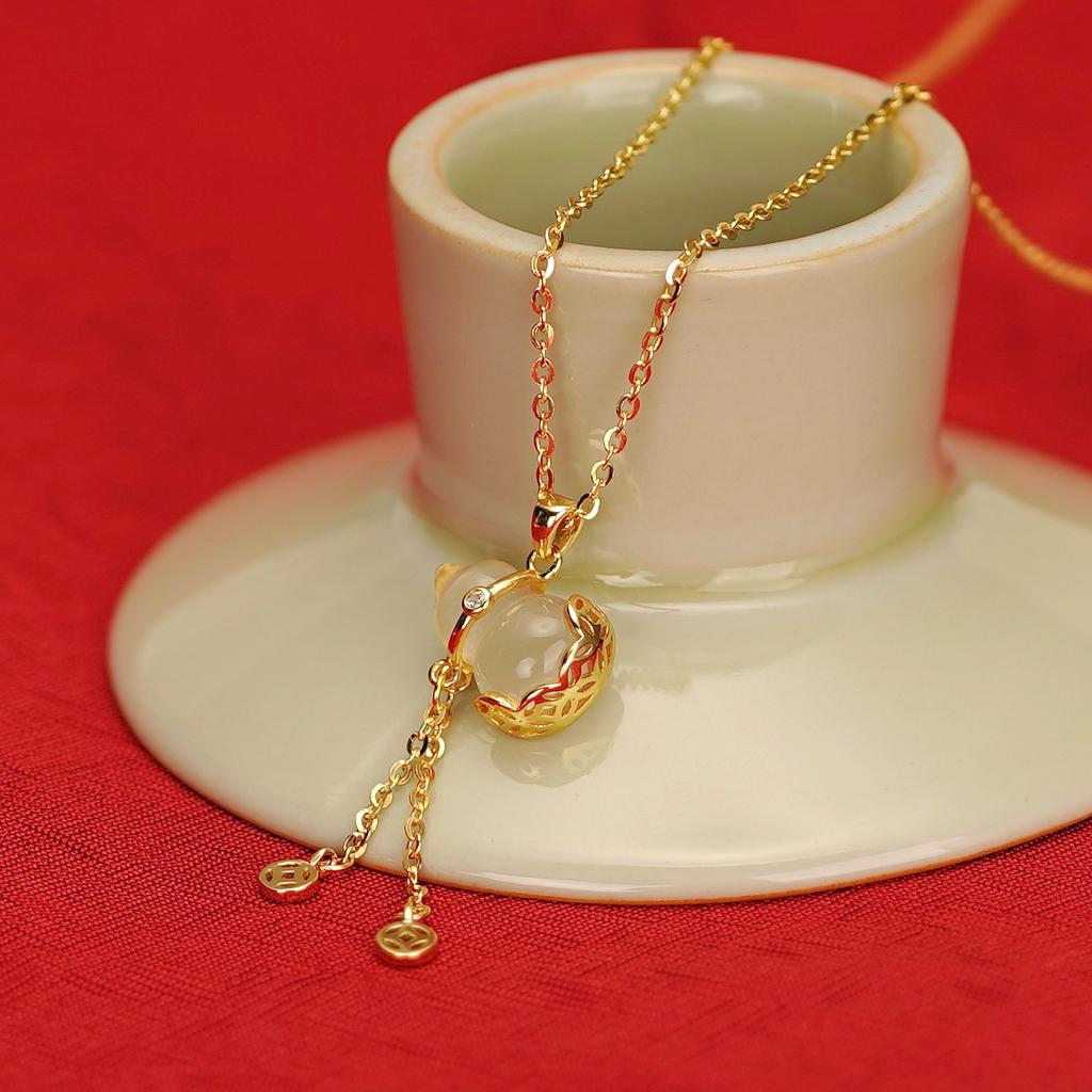 Tassel Necklace Female New Chinese Gourd Fulu Tassel Copper Coin White Chalcedony Necklace Female Premium Durable