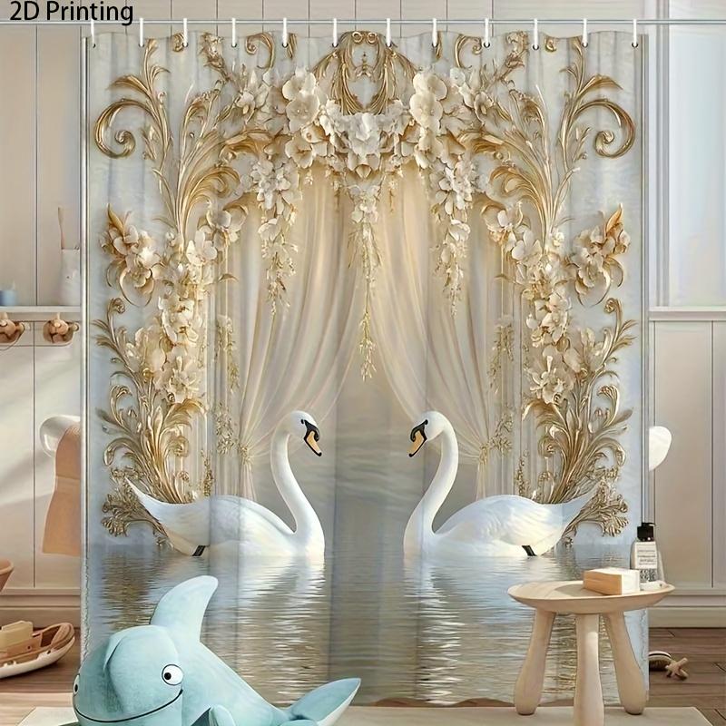 Baroque Gold Beige Shower Curtain Two Swans Print Polyester Machine Washable With Hooks For Home Hotel Bathroom Decor