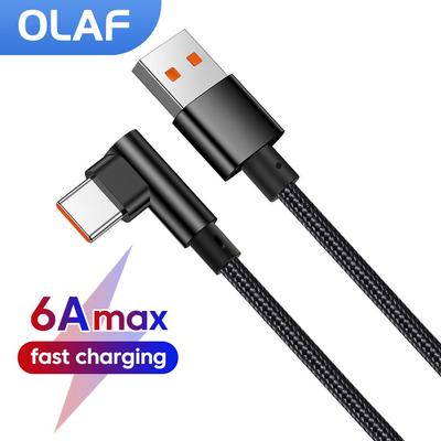 Max 6A USB Type C Cable 90 Degree Elbow Game Fast Charging Type C Cable For Huawei Honor Xiaomi Weaving USB-C Cord 0.25/1/1.5/2M