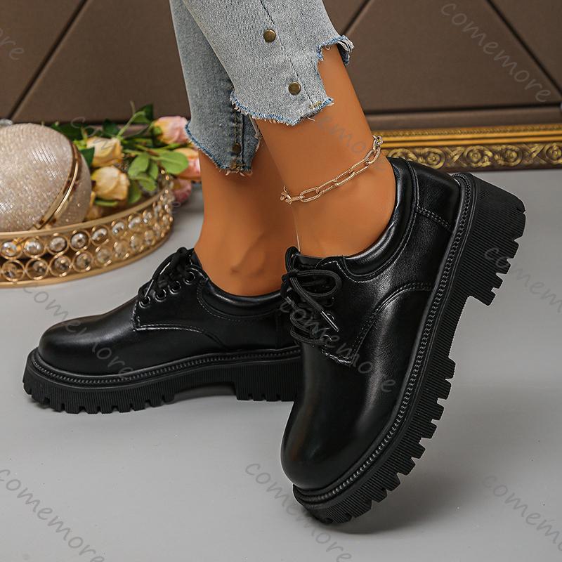 Fashion Comemore Women's Platform Shoes Fashion Black PU Leather Lace Up Office Work Pumps Woman Round Toe Chunky Heel Dress Loafers
