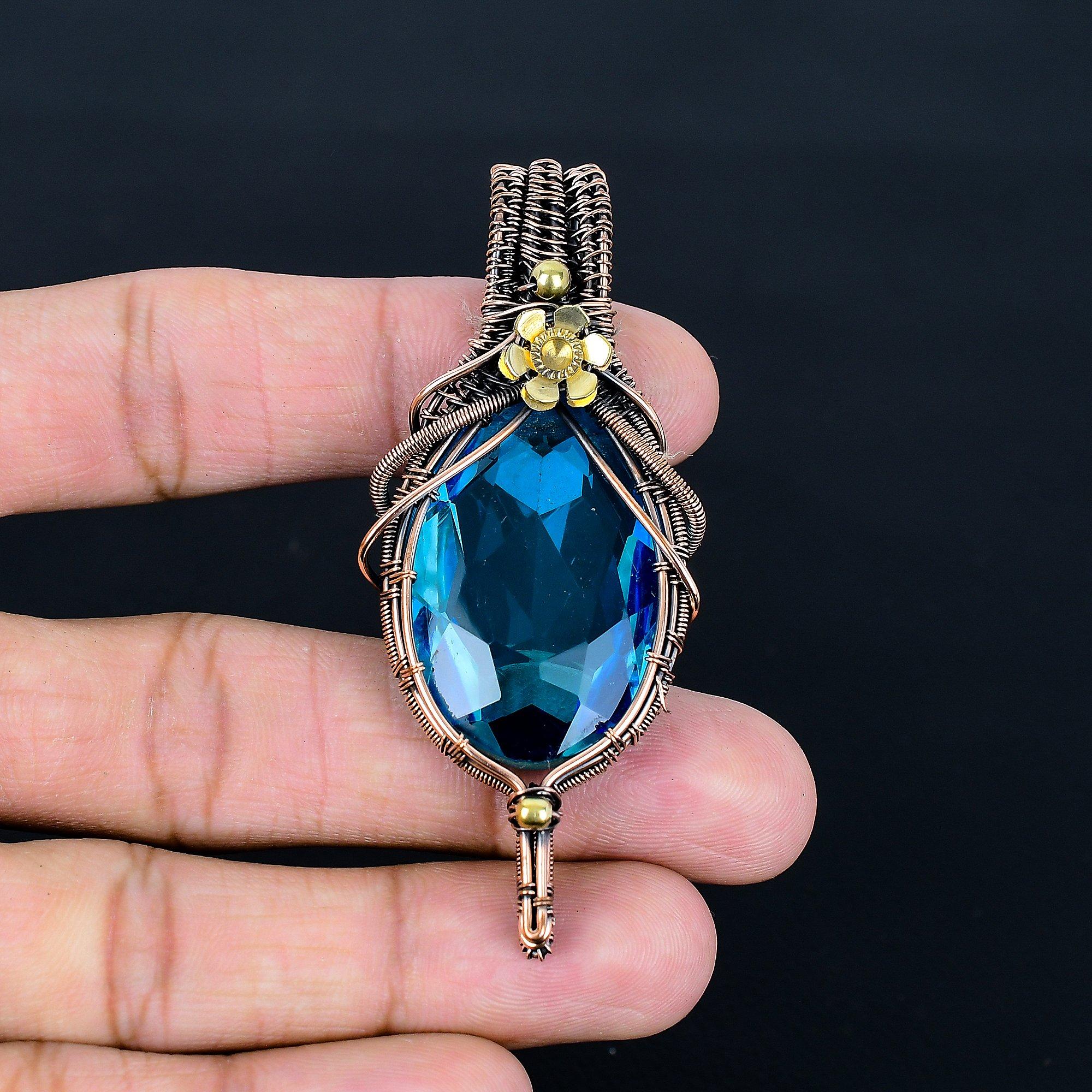 

Кулон с голубым топазом, Ювелирное изделие из драгоценного камня, обернутое медной проволокой 999 пробы, Кулон ручной работы, На День благодарения 2.55 Inches