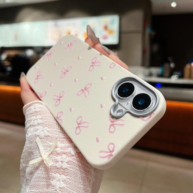 Cute Pink Bow Pattern Phone Case For iPhone 16 15 14 Pro Max 14 Plus 13 12 Pro 11 Shockproof Leather Texture TPU Silicone Cover