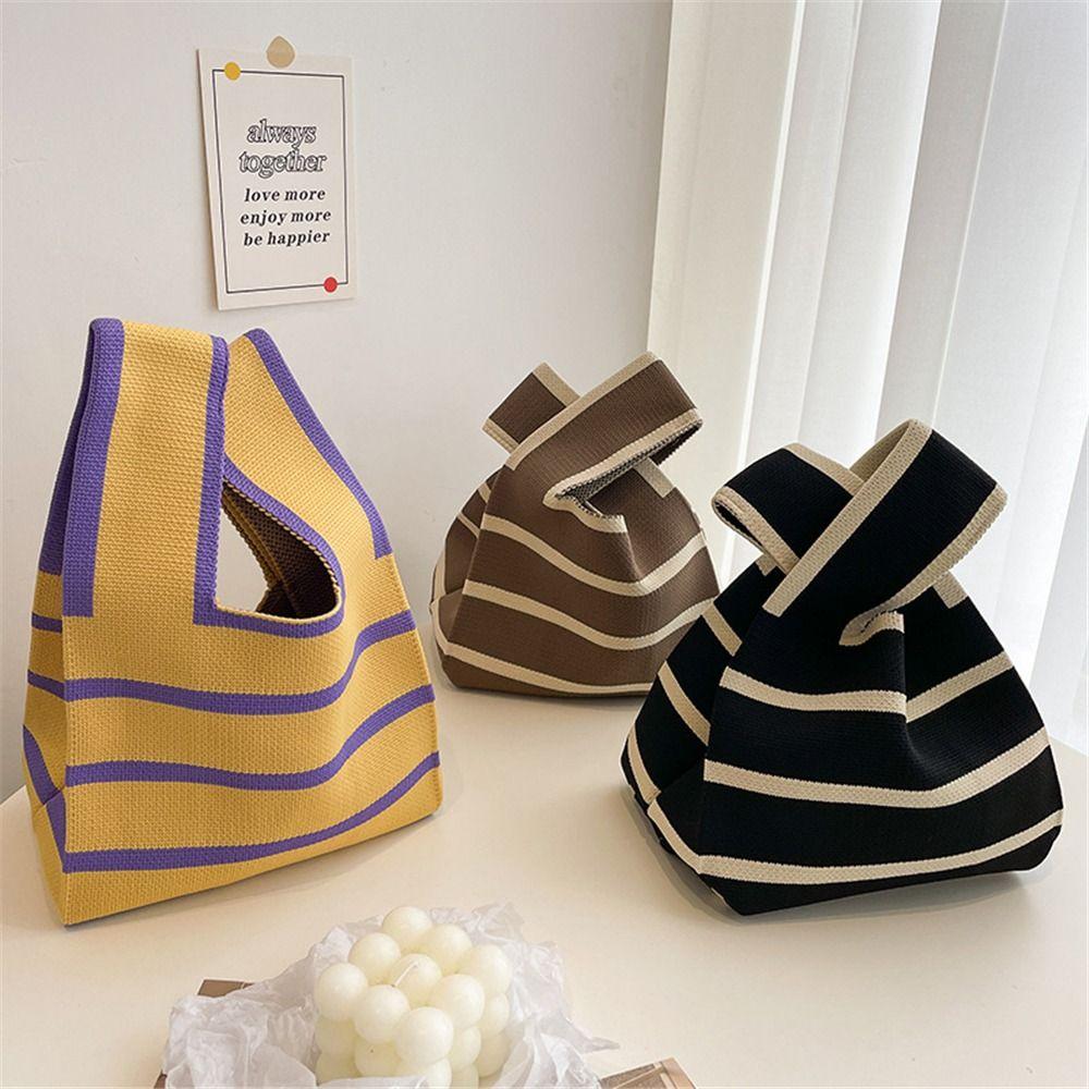 Student Handmade Wide Stripe Plaid Tote Bag Knit Handbag Shopping Bags Knot Wrist Bag