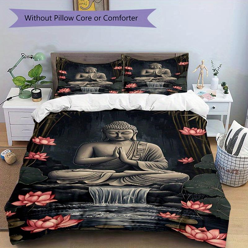 3pcs Buddha Lotus Soft Comfortable Bedding set, For Bedroom, Guest Room And Dorm, All Season Use, High-Definition Printing, Machine Washable 128