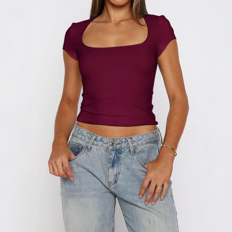 Dámský crop top čtvercovým výstřihem, krátkým rukávem, jednobarevný, přiléhavý, ležérní tričko
